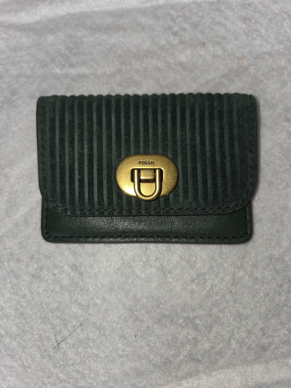 Fossil Harper Card Case Wallet pine green corduroy and leather